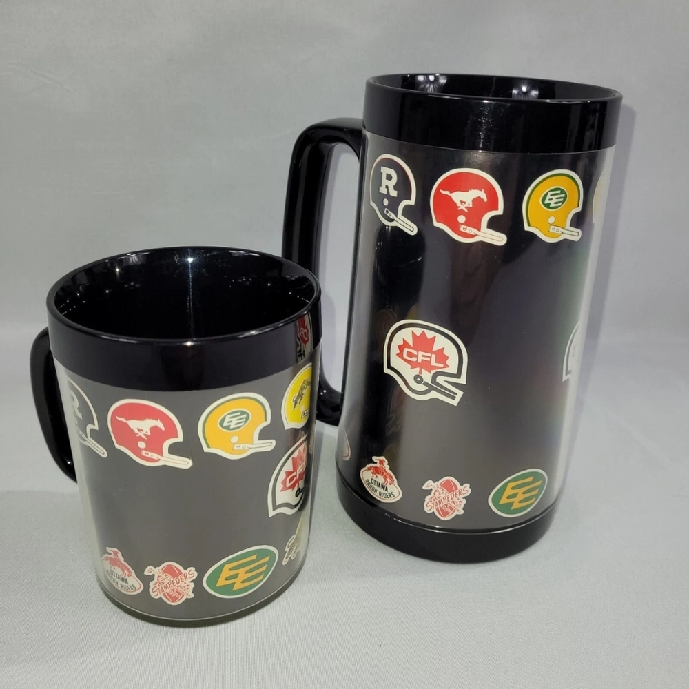 CFL Football 4" 6.5" Set 2 Plastic Cups Thermo Serv Vintage 80s Mugs Team Logos